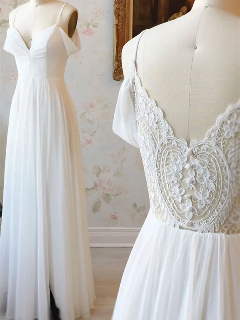 Simple Off Shoulder Chiffon Lace Long Prom Dresses Evening Dresses
